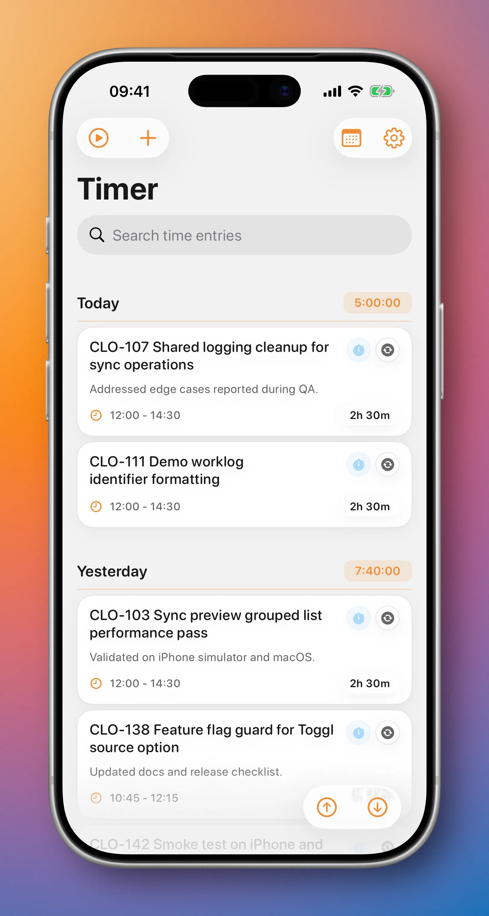 cloky iOS main timer screen with a running work session.