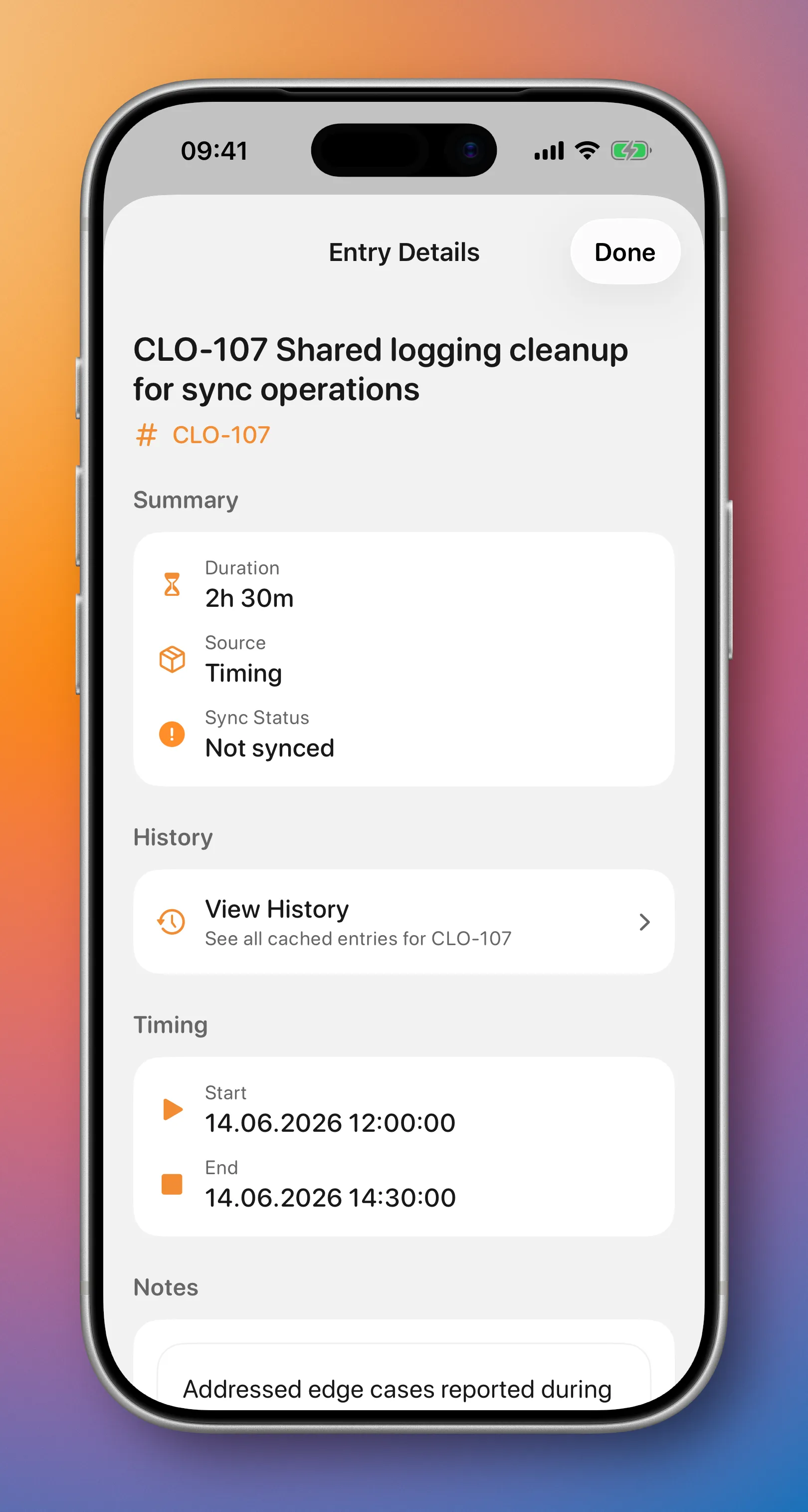 cloky iOS entry detail screen for reviewing a tracked worklog.