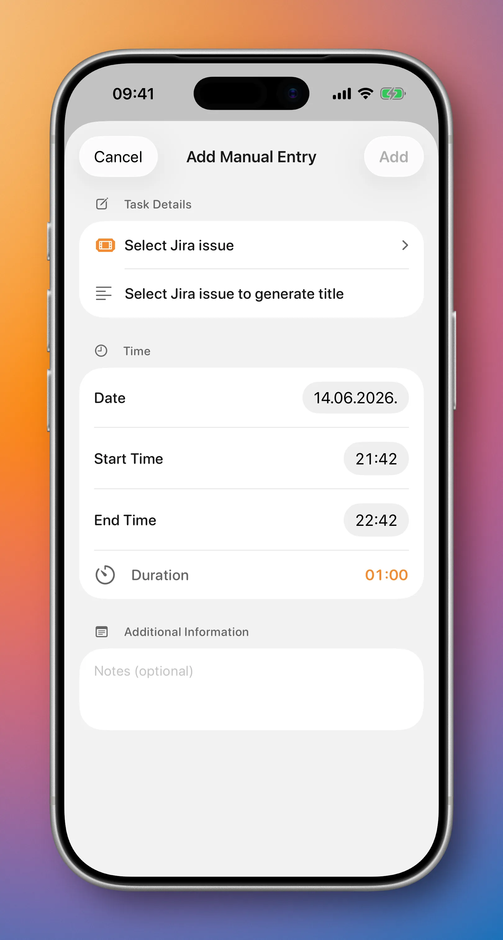 cloky iOS manual entry screen for adding worklog details.