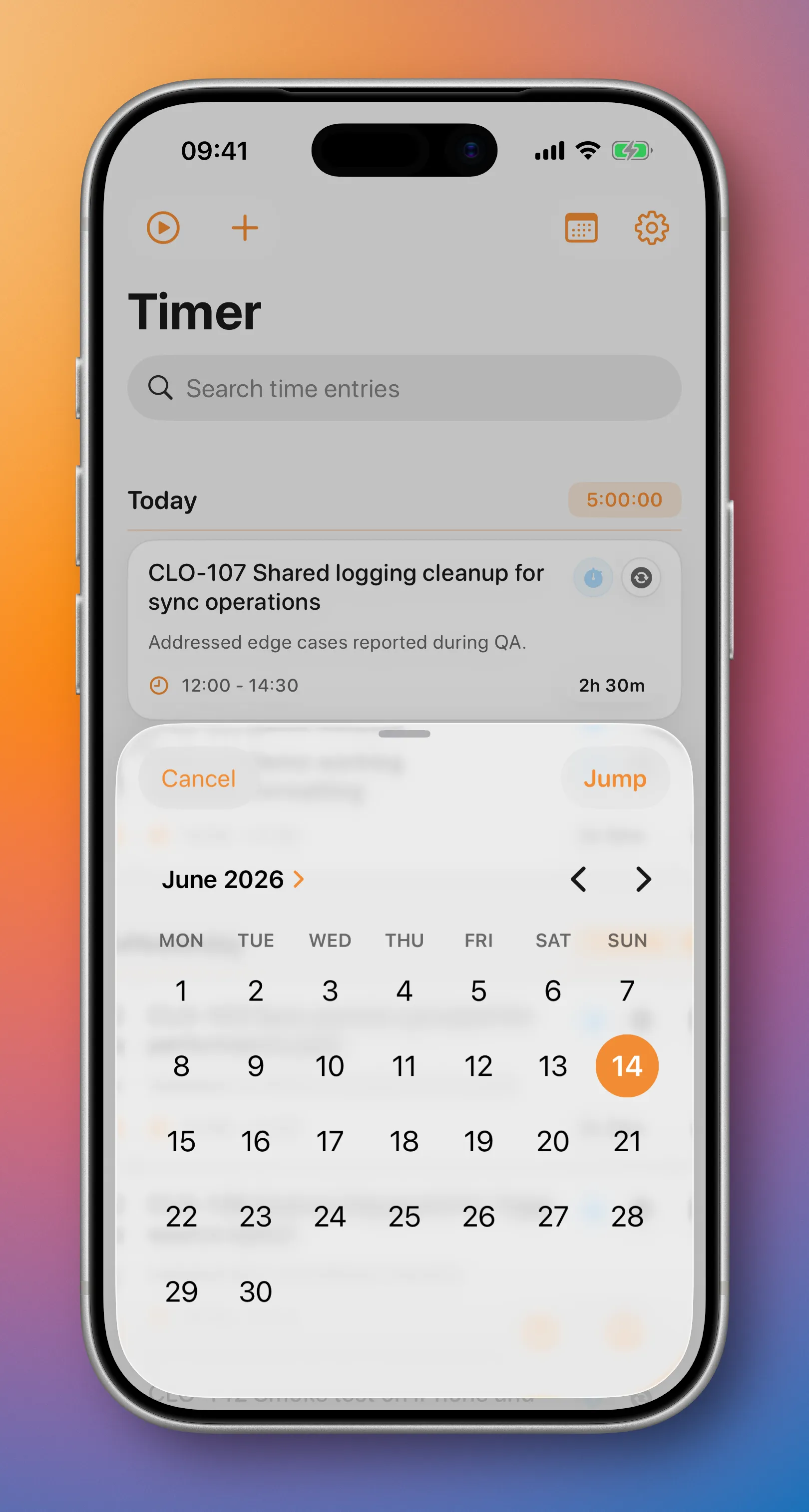 cloky iOS date picker screen for choosing the worklog date.