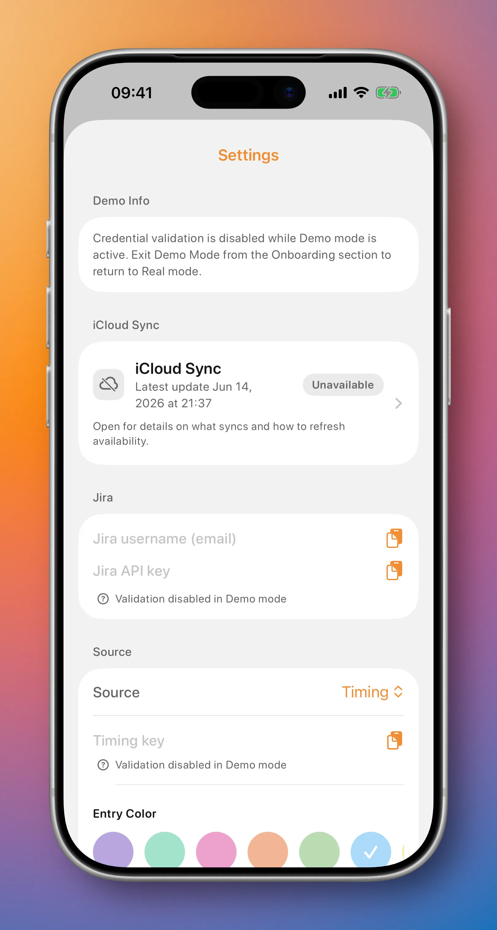 cloky iOS settings screen for configuring time tracking and sync behavior.