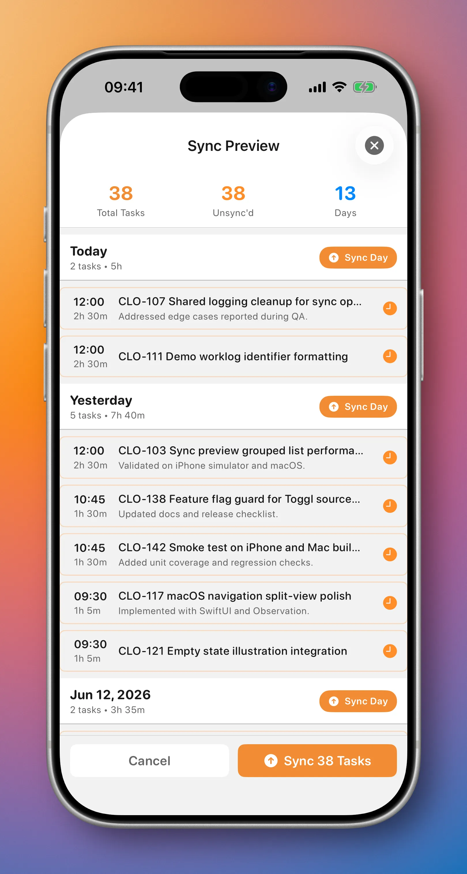 cloky iOS sync preview showing tracked time grouped for review.