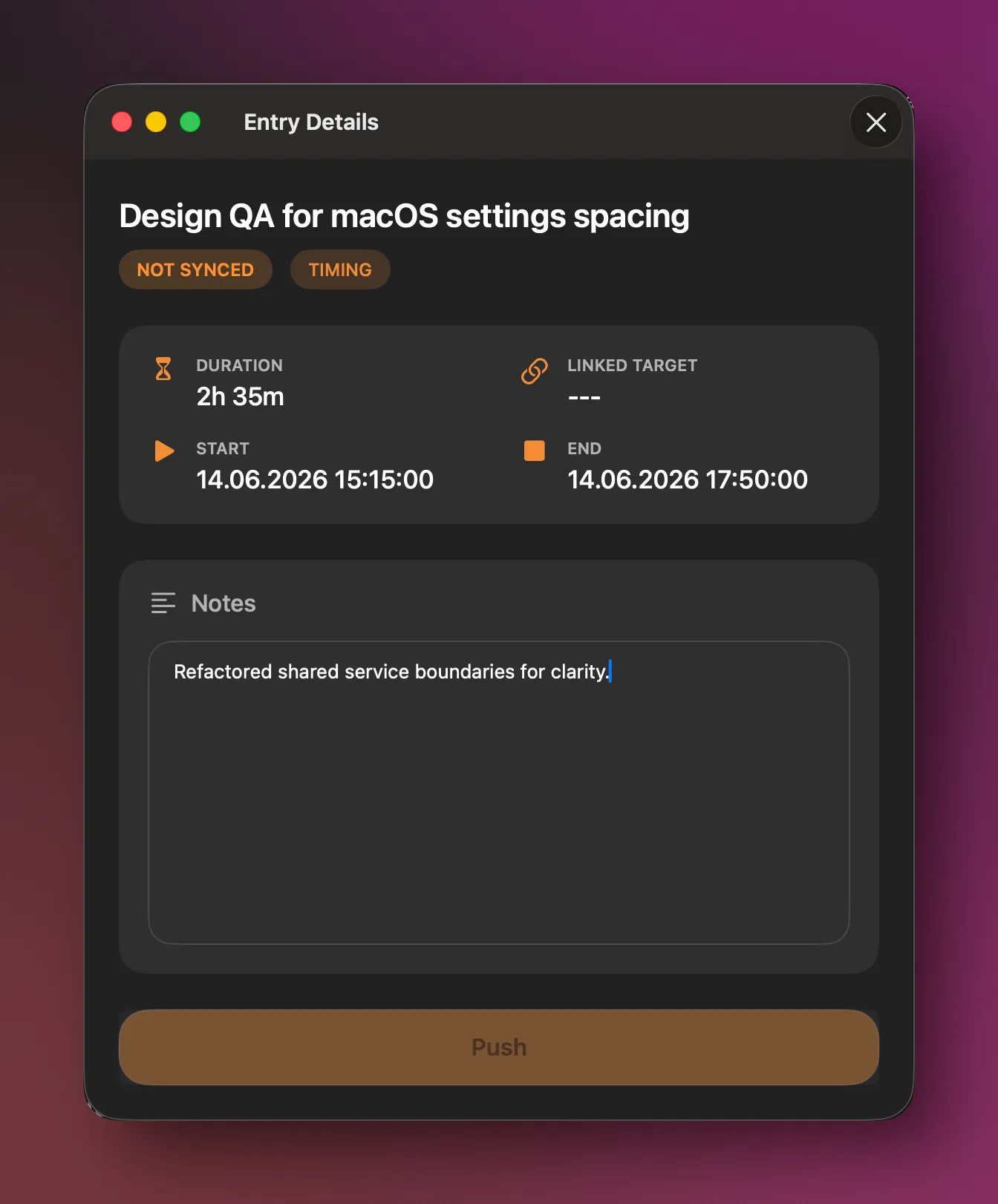 cloky macOS entry detail screen for reviewing a tracked worklog.