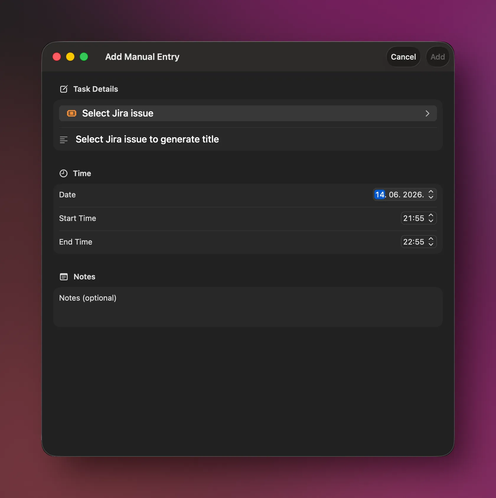 cloky macOS manual entry screen for adding worklog details.
