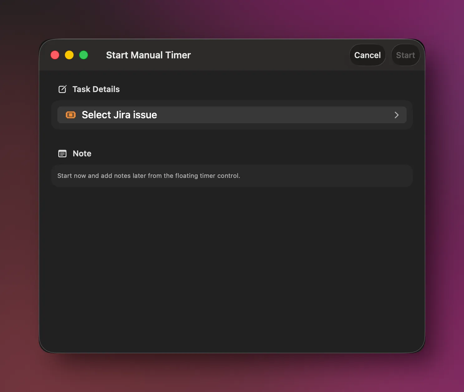 cloky macOS start manual timer screen with project and issue fields.