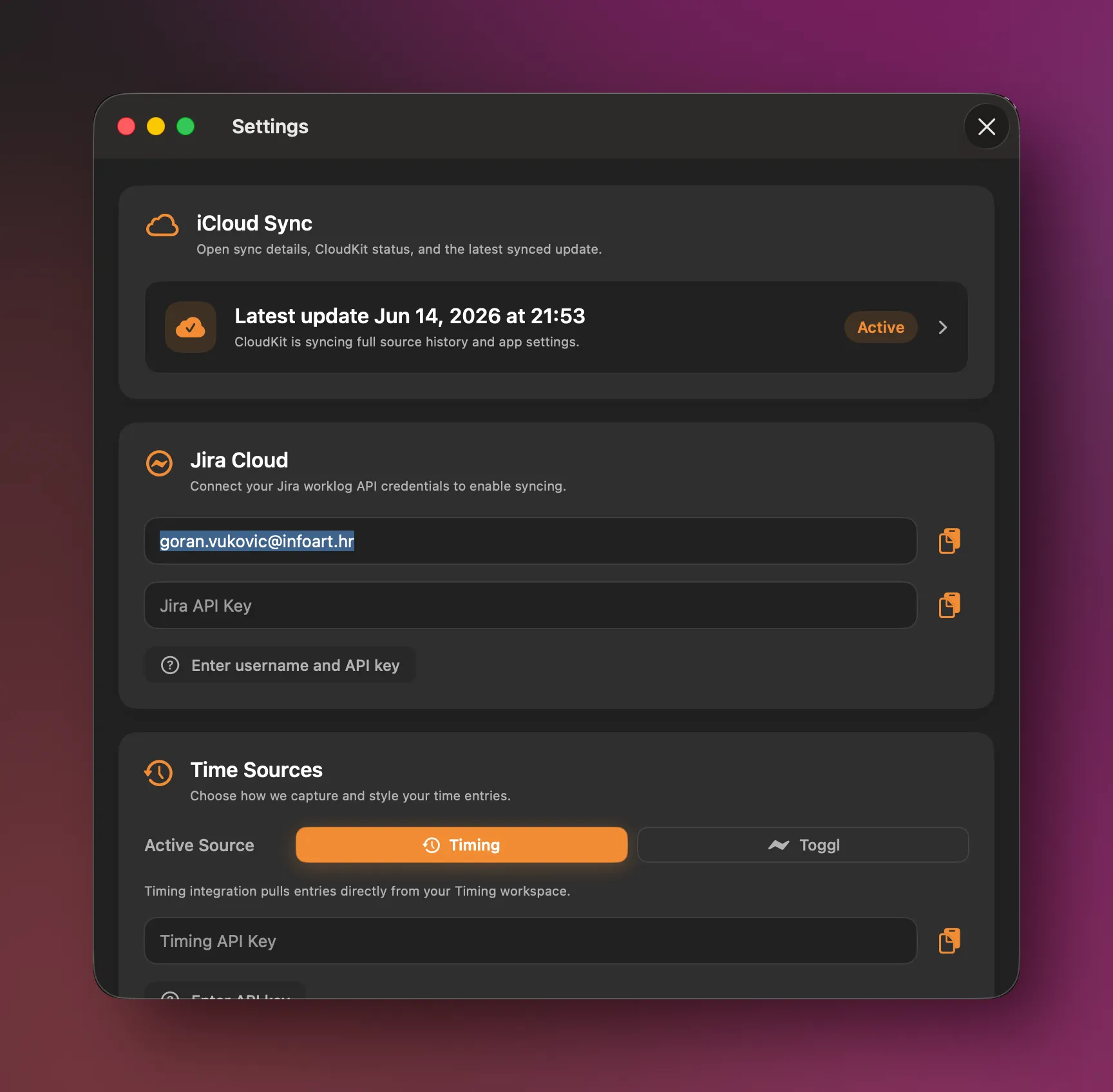 cloky macOS settings screen for configuring time tracking and sync behavior.