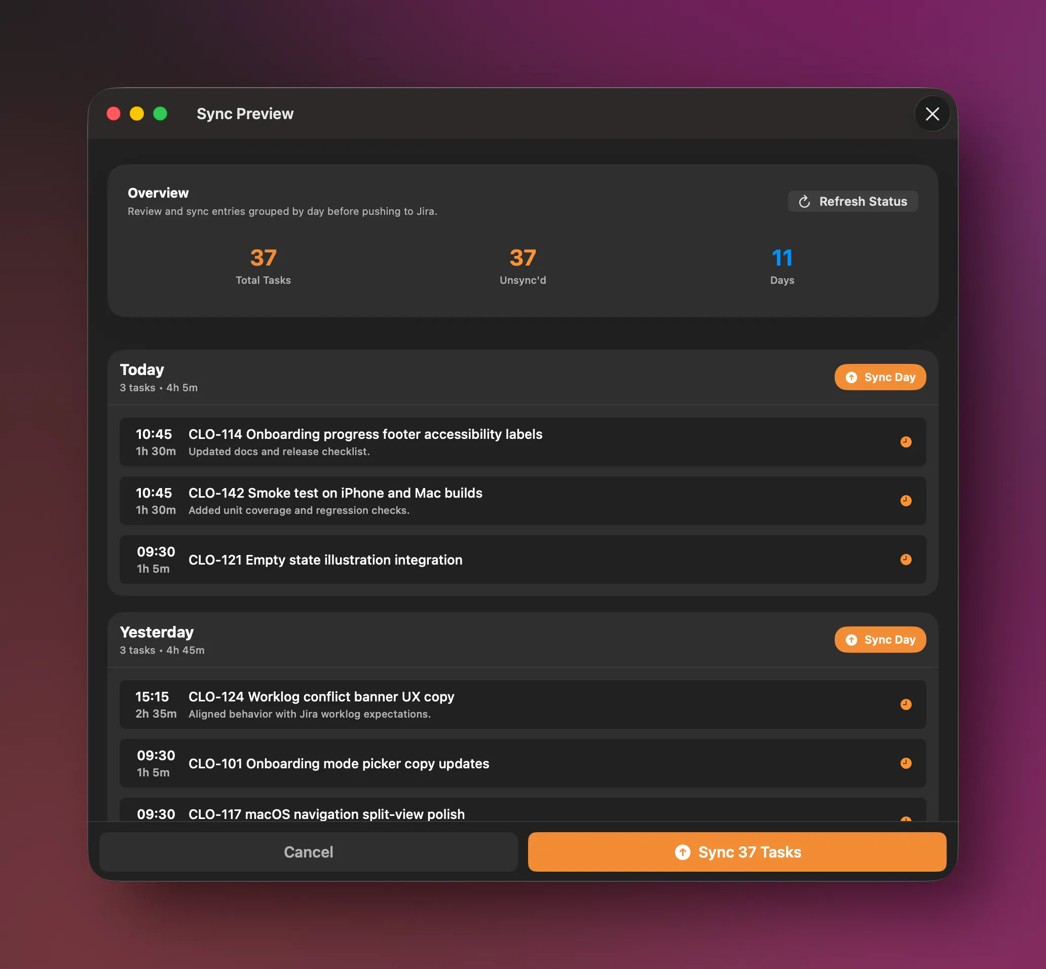 cloky macOS sync preview showing grouped worklog entries before Jira sync.