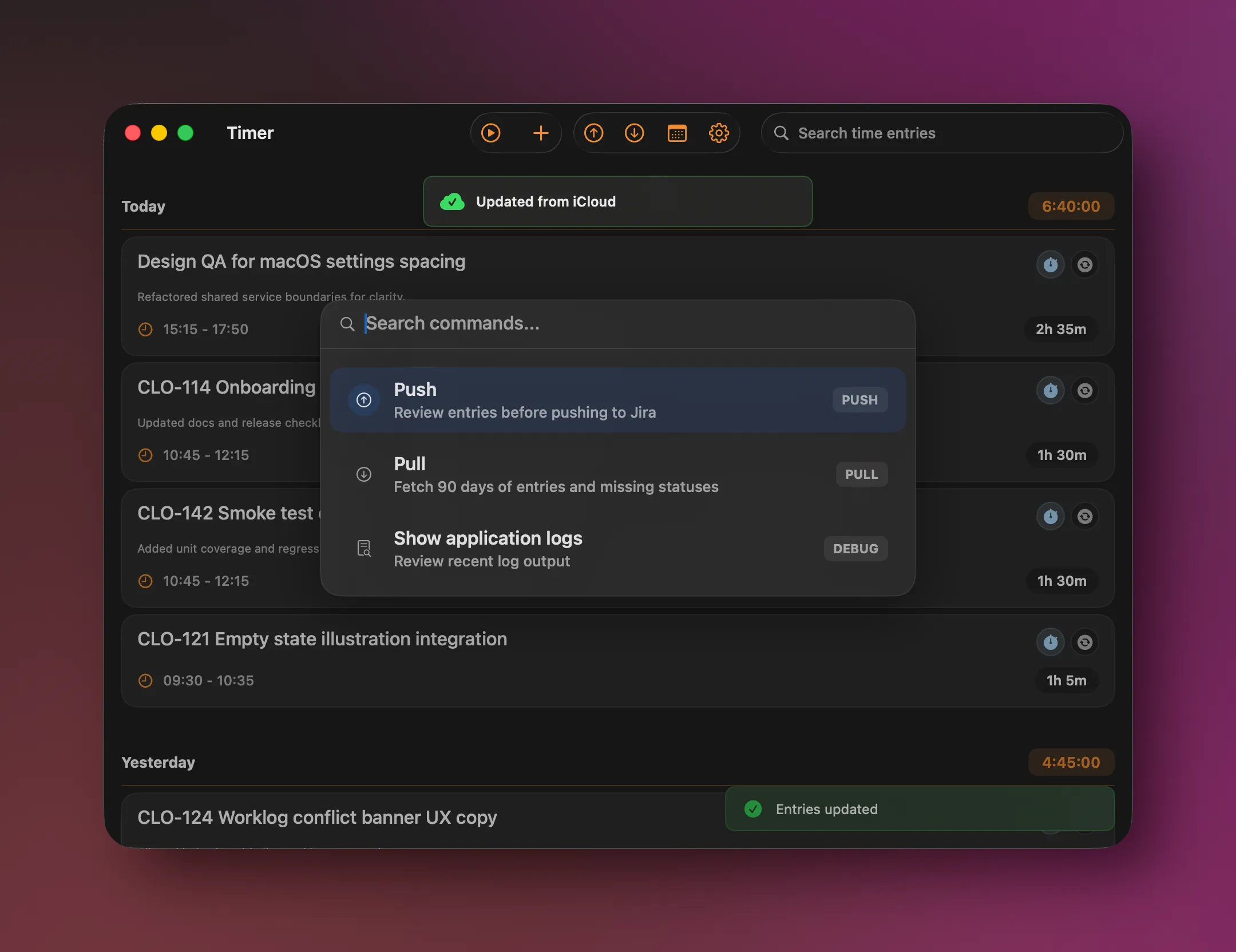 cloky macOS command palette for quickly opening app actions.