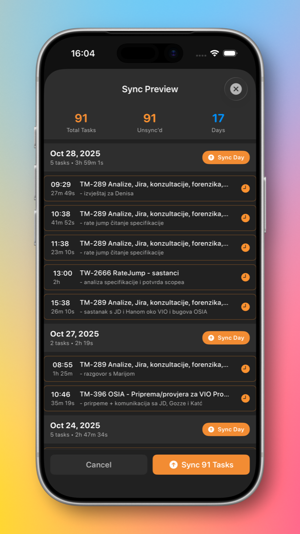 cloky iOS sync preview showing tracked time grouped for review.